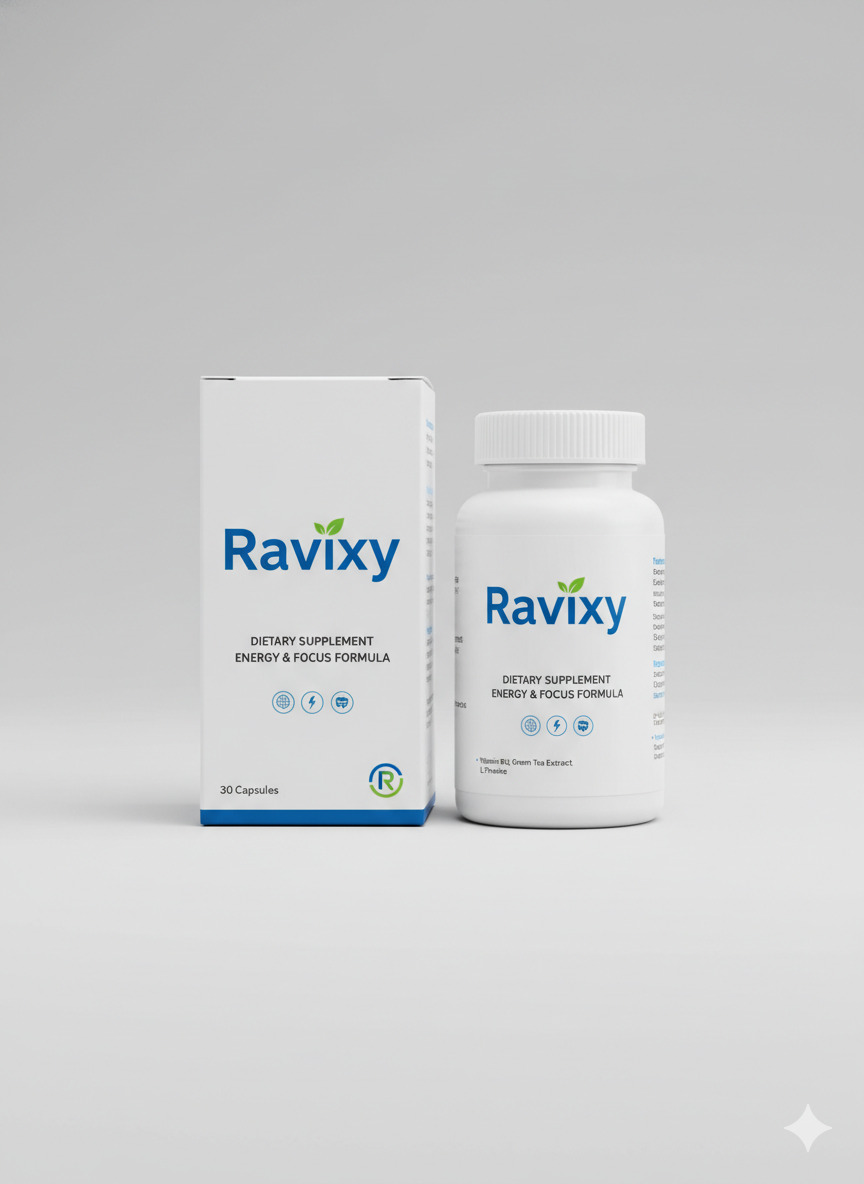 Ravixy food supplement bottle and carton on a neutral background